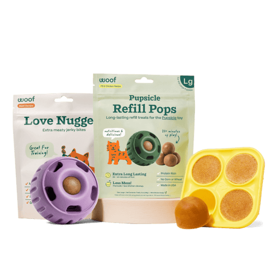 lavender pupsicle starter pack with love nuggets, refill pops, and treat tray mold