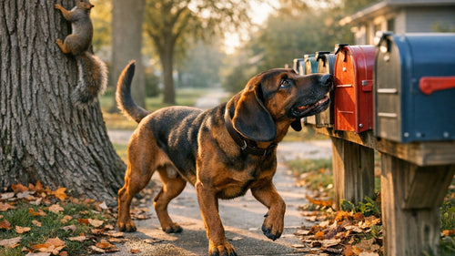 Happy dog on a walk sniffing mailboxes and watching squirrels during an outdoor adventure
