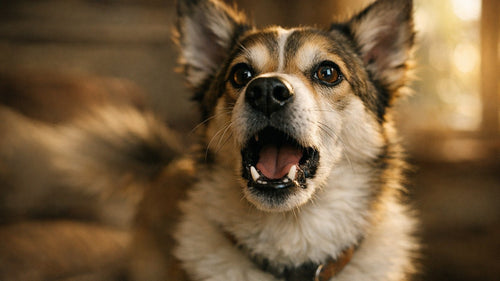 A playful dog making expressive noises like boof, arrooo, grumble, and snarf while engaging in enrichment play