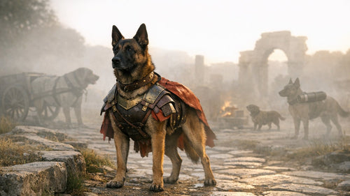 Ancient dog jobs illustration featuring Roman war dogs and Victorian turnspit dogs