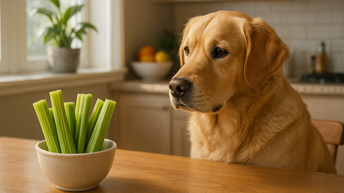 Happy dog enjoying a crunchy celery stick treat