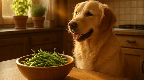 Green beans next to a happy dog