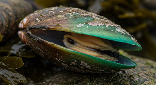 Green-lipped mussels and a happy dog