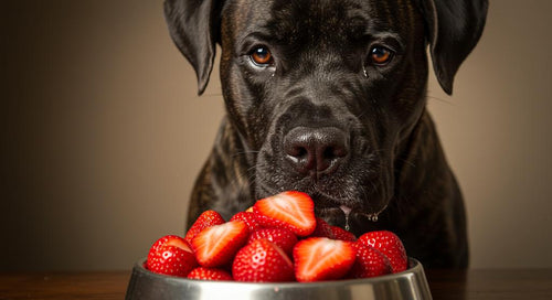 A happy dog eagerly looking at fresh strawberries, symbolizing the safety and enjoyment of strawberries for dogs.