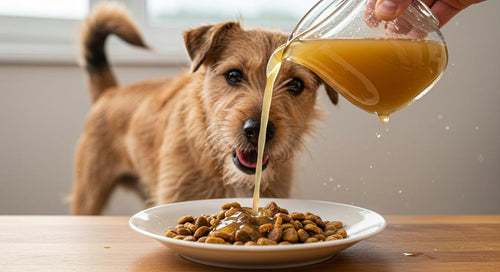 A happy dog enjoying a bowl of nutritious bone broth