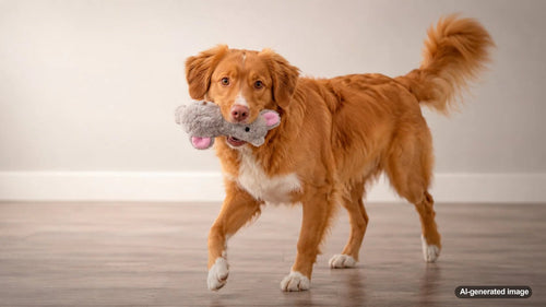 Happy dog carrying a favorite toy around the house