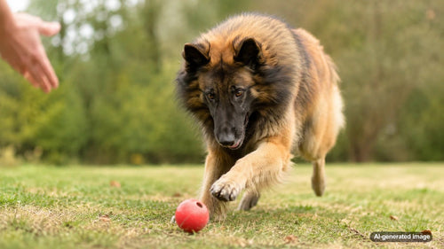 Intelligent dog working through an interactive enrichment toy designed to provide a challenging mental activity