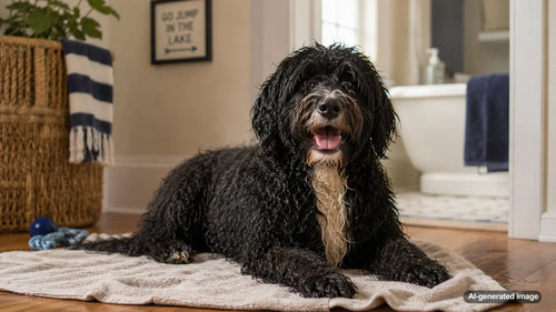 Water-loving dog happily splashing outdoors despite being less enthusiastic about bath time