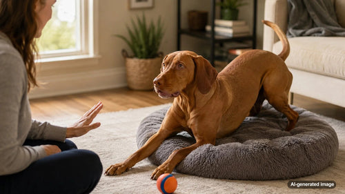 High-energy dog resting calmly after play with enrichment nearby