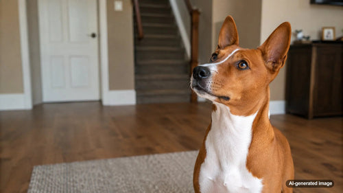 Alert dog watching closely at home after noticing a small household change
