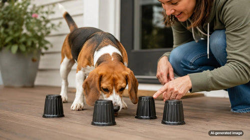 Dog using its nose to search for hidden rewards during a scent-based enrichment game