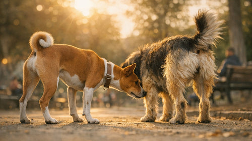 Two dogs greeting each other politely during a calm canine introduction