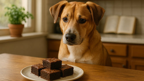 A delicious but dangerous brownie with a warning about chocolate toxicity in dogs