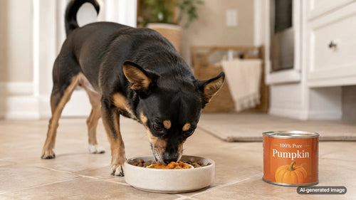 Dog dinner bowl with canned pumpkin added as a simple mealtime topper