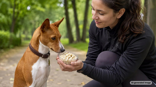 A bowl of cooked barley with a curious dog nearby, illustrating whether dogs can safely eat cooked barley