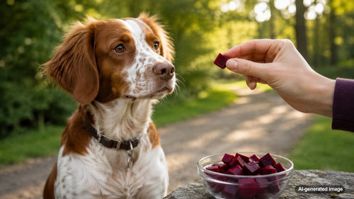 Dog beside a bowl of plain cooked beets prepared as a small treat