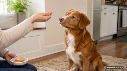 Dog enjoying small cooked carrot pieces as training treats during a positive reward session
