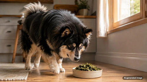 Dog sitting near a bowl of plain cooked collard greens