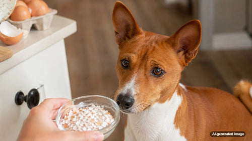 Dog looking at eggs and eggshells for a guide on whether dogs can eat eggshells safely