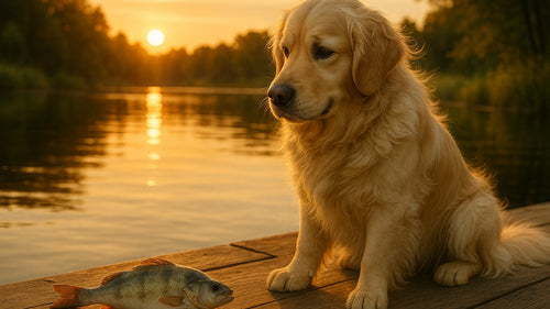 A dog enjoying a fish-based treat from Woof Dog Products