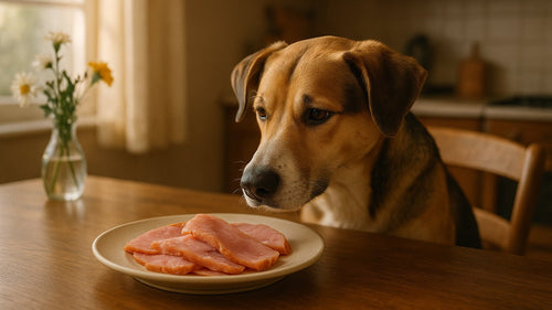 Dog looking curious at a slice of ham