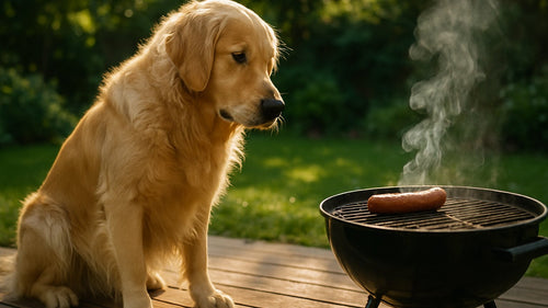 A dog looking up at a hot dog on a grill, symbolizing the question 'Can Dogs Eat Hot Dogs?'