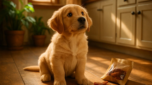 A dog happily chewing on a safe jerky alternative from Woof