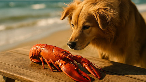 A dog looking at a lobster dish, contemplating whether it's safe to eat.