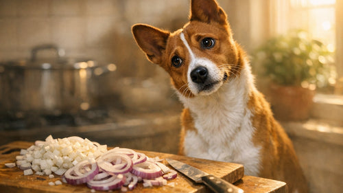 Can dogs eat onions warning with curious dog in the kitchen