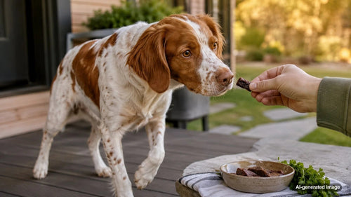 Dog waiting attentively for a small organ meat treat during a training session