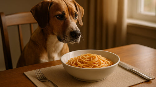 Dog sniffing a bowl of plain cooked pasta