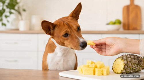Fresh pineapple pieces with a happy dog, illustrating whether dogs can safely eat pineapple