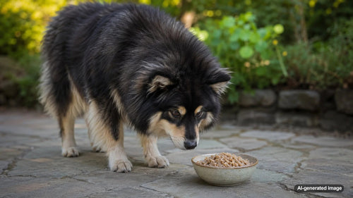 Dog looking curiously at a small bowl of plain cooked buckwheat