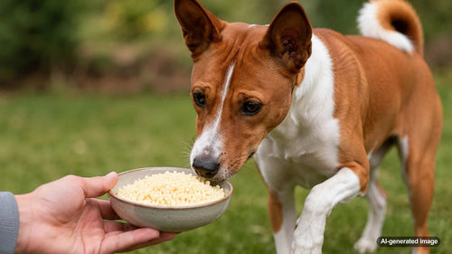 Curious dog near a bowl of plain couscous with a dog-safe feeding guide theme