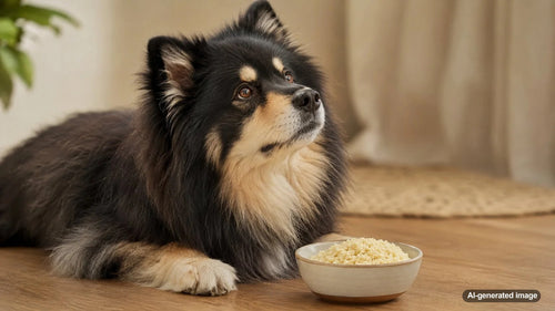 Dog looking curiously at a small bowl of plain cooked couscous