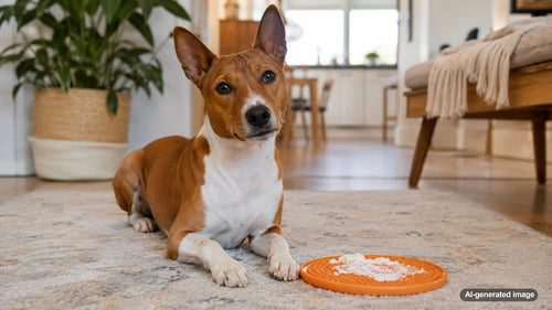 Dog enjoying plain kefir spread on a lick toy for calming enrichment