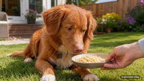 A curious dog beside a bowl of plain cooked orzo