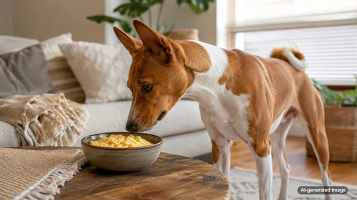 A dog near a bowl of plain polenta, illustrating whether dogs can safely eat plain polenta