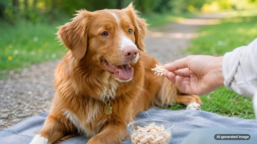 Plain shredded chicken served as a simple dog-safe treat ingredient for enrichment and mealtime