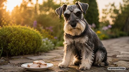Curious dog looking at a plate of cooked pork while a dog parent keeps table scraps safely out of reach