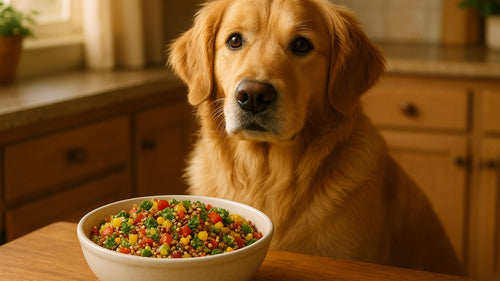 A dog enjoying a bowl of plain cooked quinoa, highlighting the topic 'Can Dogs Eat Quinoa?'
