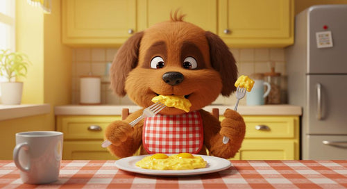 A happy dog looking at a plate of scrambled eggs