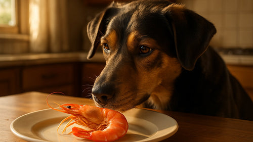 A dog enjoying a shrimp treat
