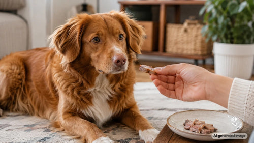Dog looking at small plain pieces of cooked duck prepared safely as an occasional treat