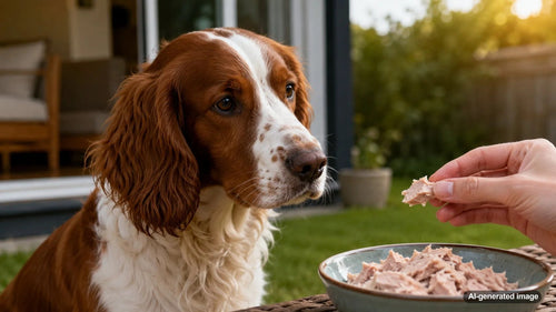 Curious dog looking at a small serving of tuna in a home kitchen