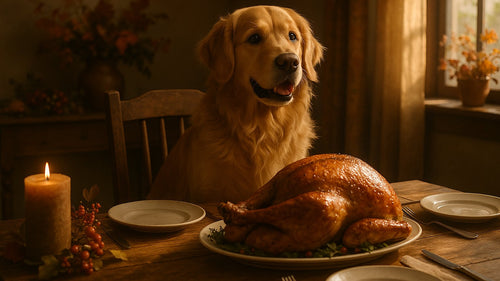 A dog eyeing a plate of turkey during the holidays