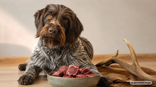 Dog sitting near a small serving of plain cooked venison prepared as an occasional treat