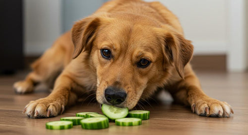 Healthy cucumber slices for dogs with a Woof Dog Products blog post