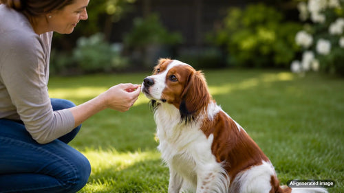 A happy dog enjoying a daily treat routine with freeze-dried style snacks for enrichment and training