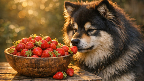 A dog safely enjoying fresh strawberries as a healthy treat